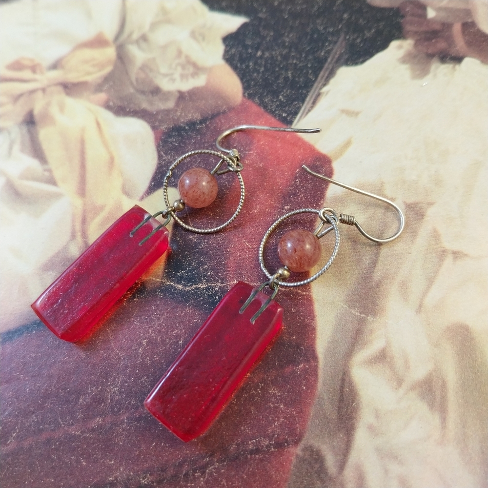 Sterling Silver Red Dangle Earrings - Picture 10 of 14